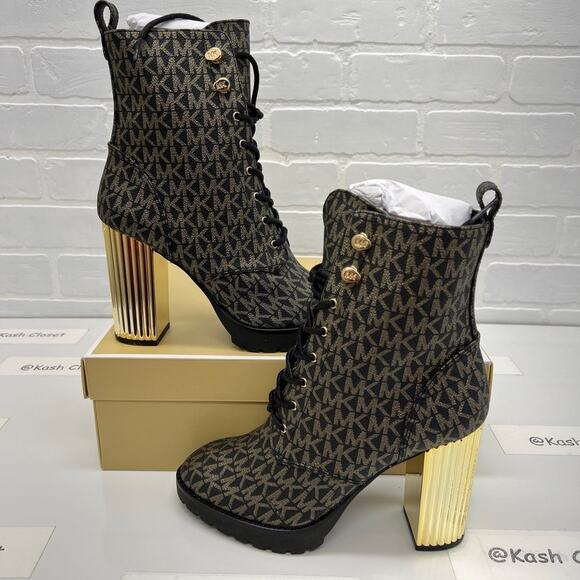 Michael Kors Boots Porter Logo Lace Up Boot Black Gold - Picture 1 of 9